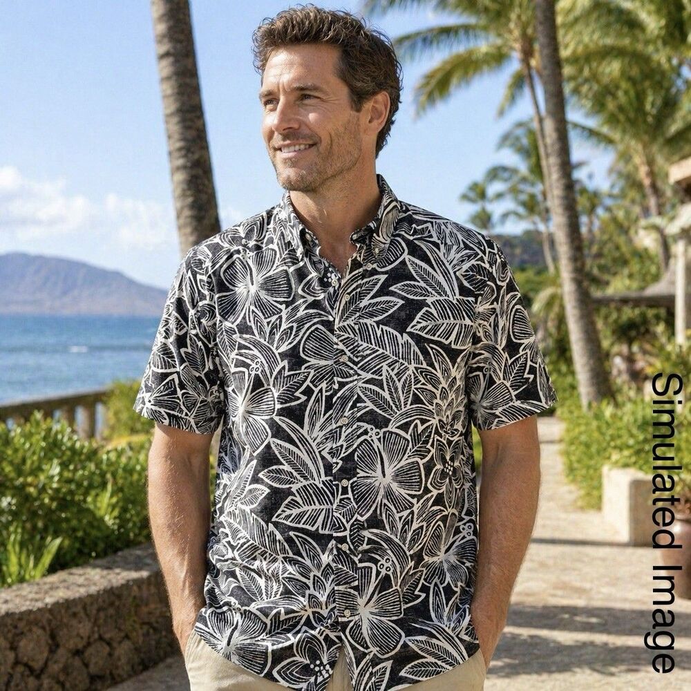 Reyn Spooner Classic Aloha Shirt Mens L Black White Floral Button Up